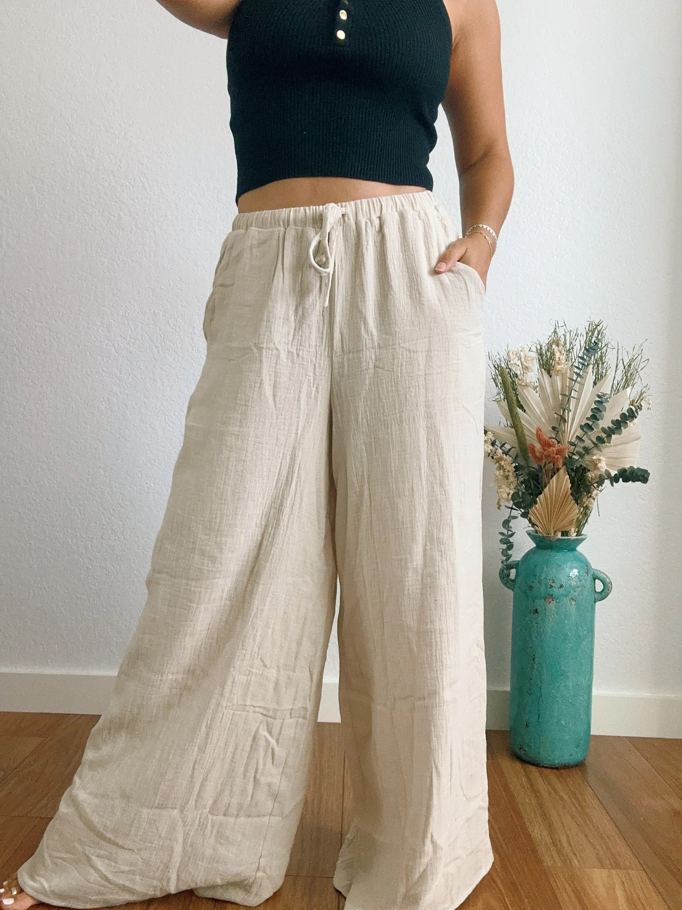 Beige Cotton Wide Leg Pants