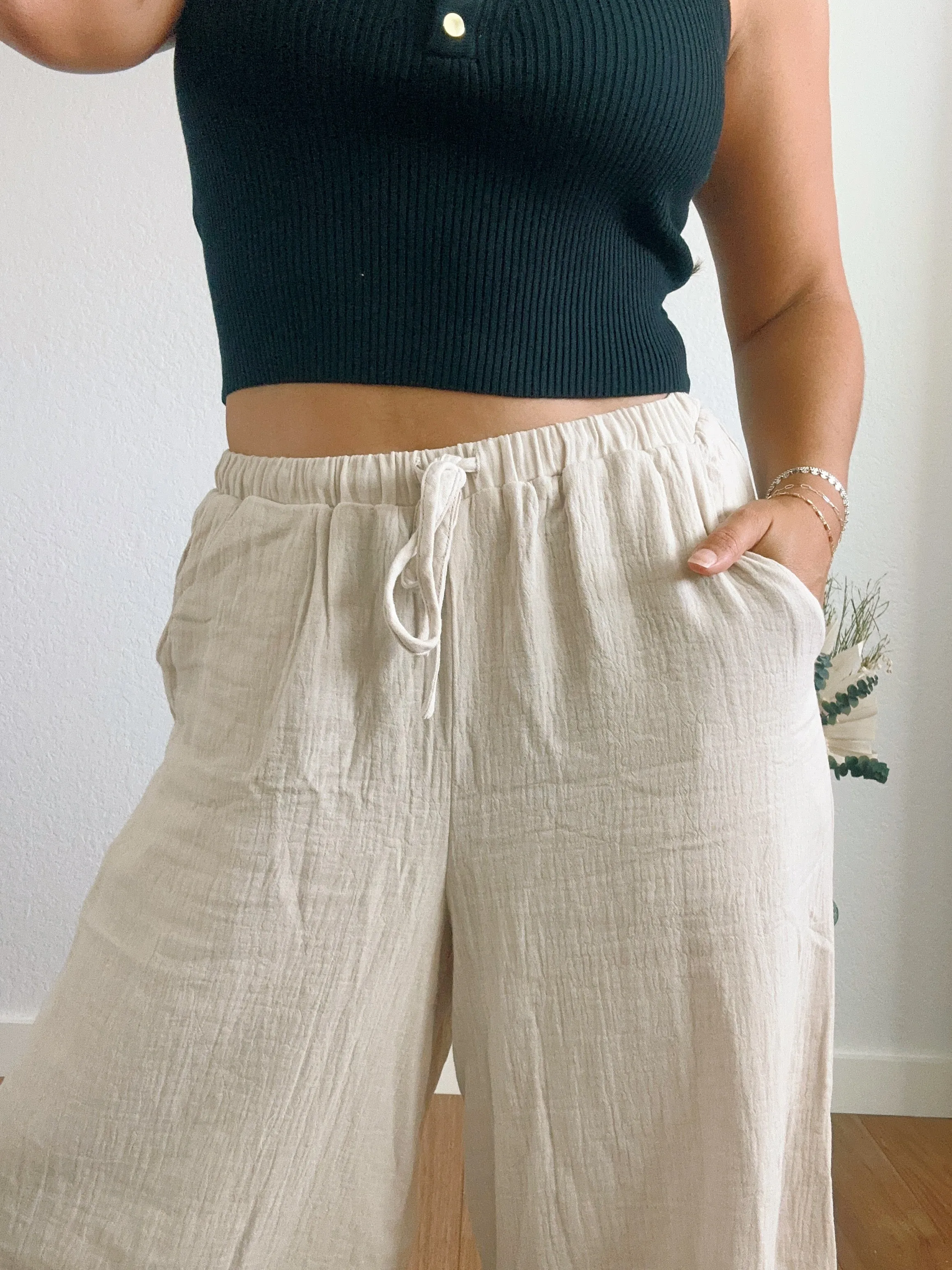 Beige Cotton Wide Leg Pants