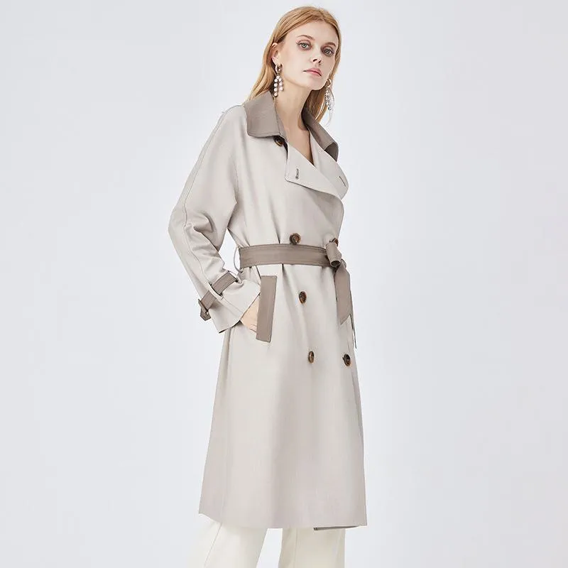 Belted Color Clash Knee-Length Trench Coat