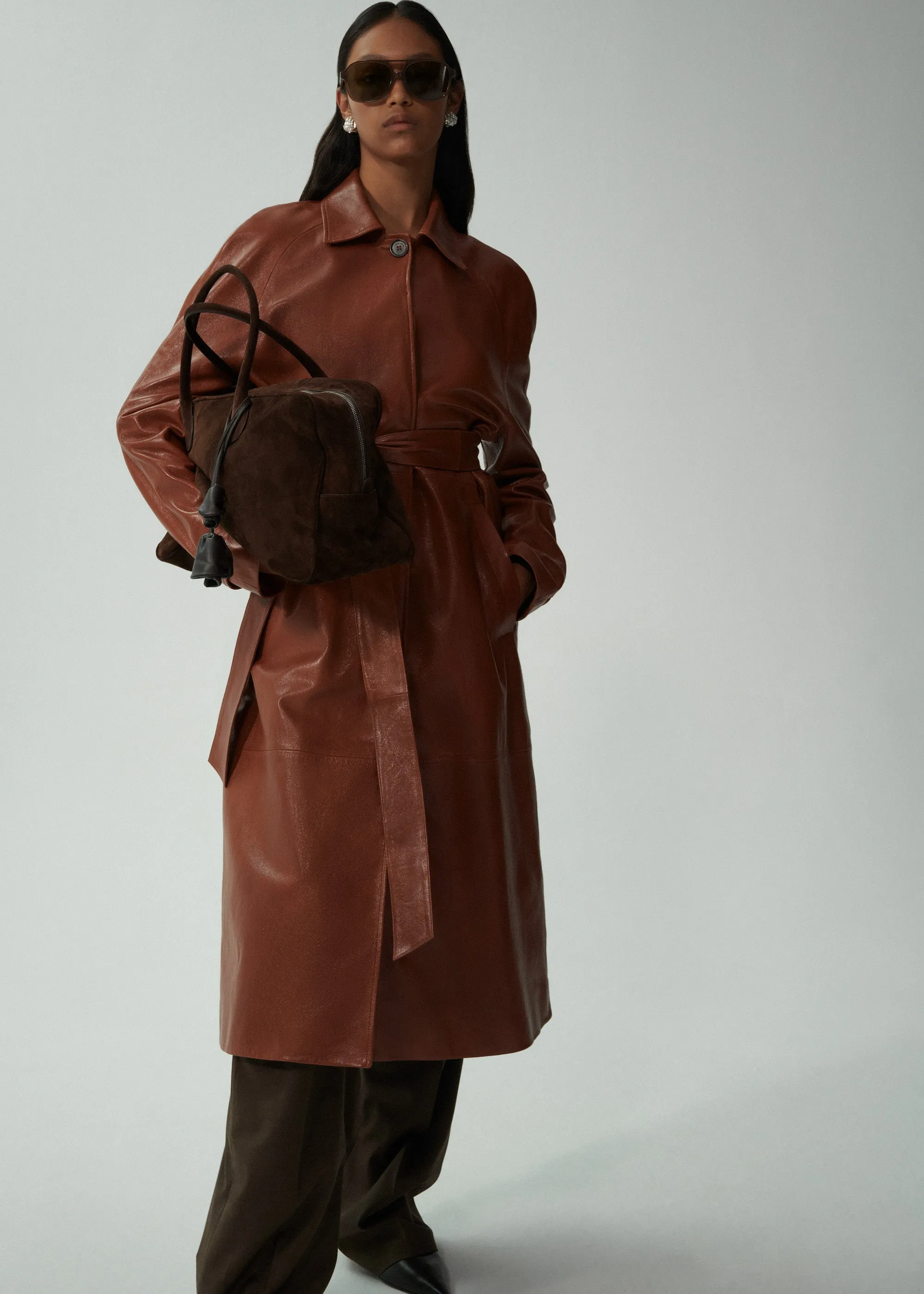 Belted leather coat in camel