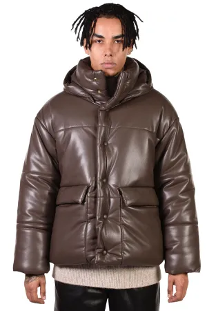 Brown Vegan Leather Puffer Jacket