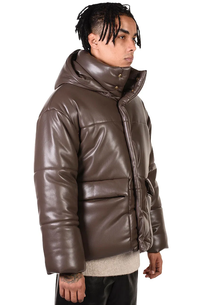 Brown Vegan Leather Puffer Jacket