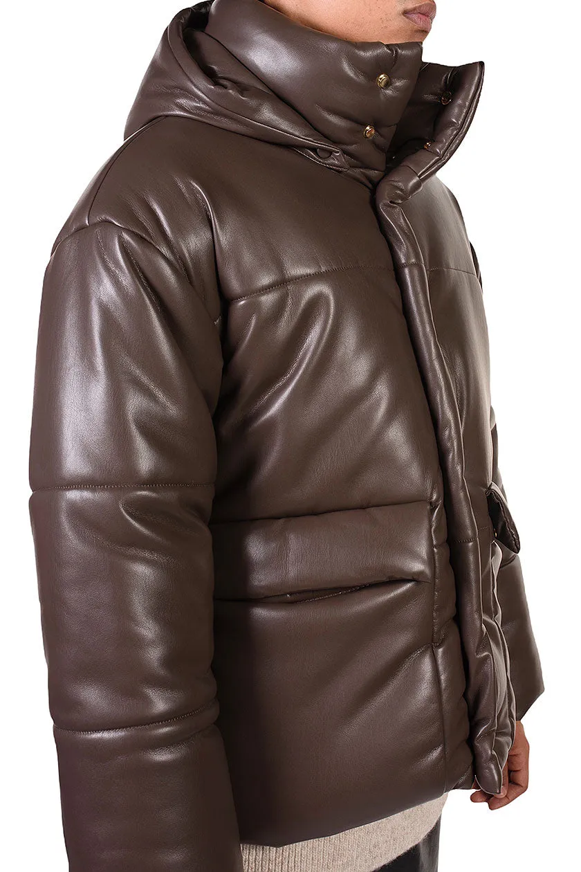 Brown Vegan Leather Puffer Jacket