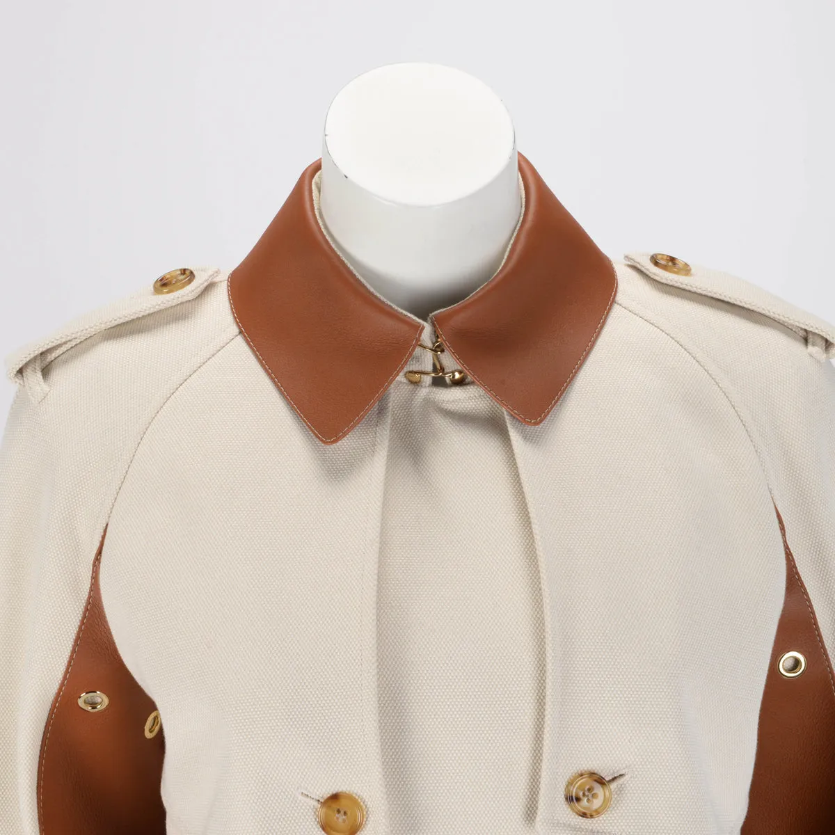 Burberry Ecru & Tan Canvas Leather Detail Trench Coat UK6