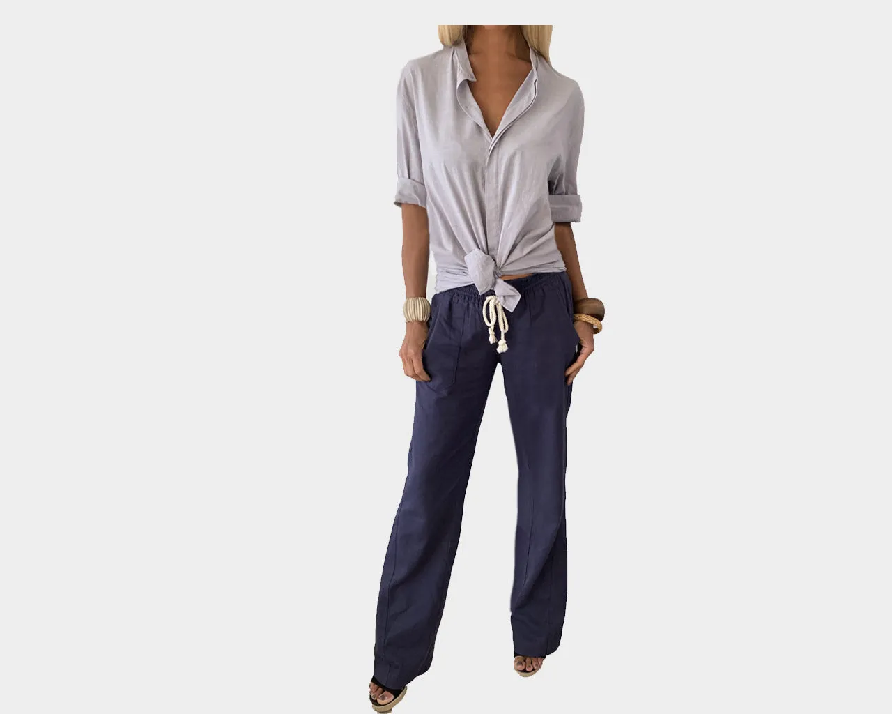 C1. Navy Blue Linen Wide-Leg Pants - The St. Barts