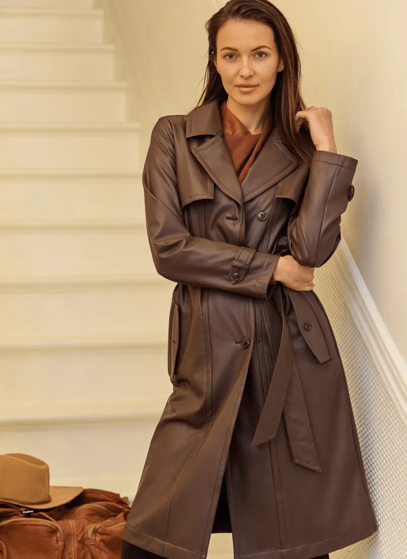 Cielo Vegan Leather Trench Coat | Dark Mocha