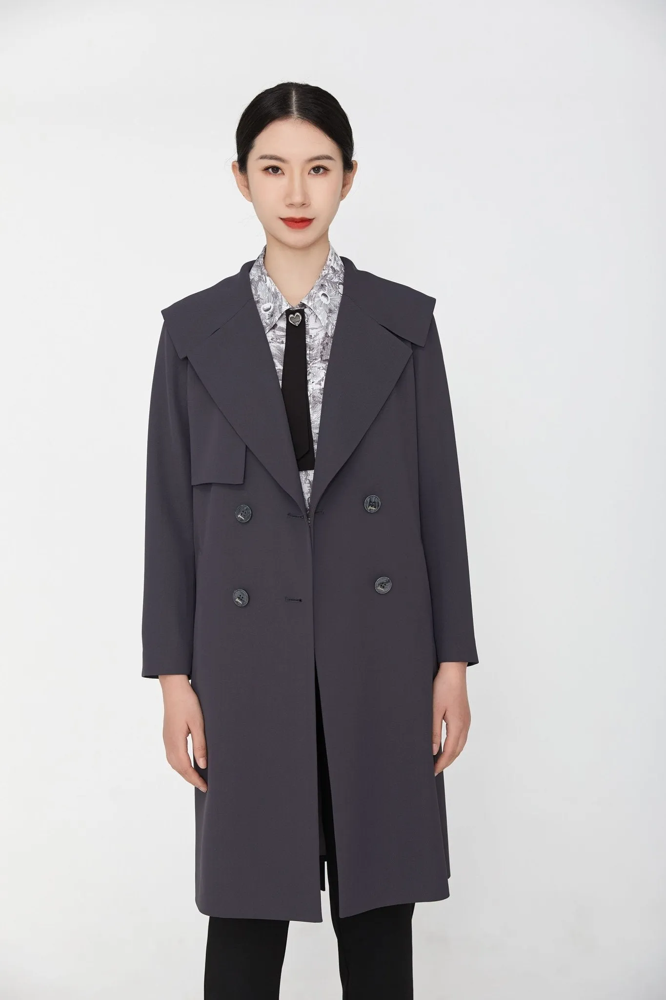 Dark Grey Belted Lapel Trench Coat