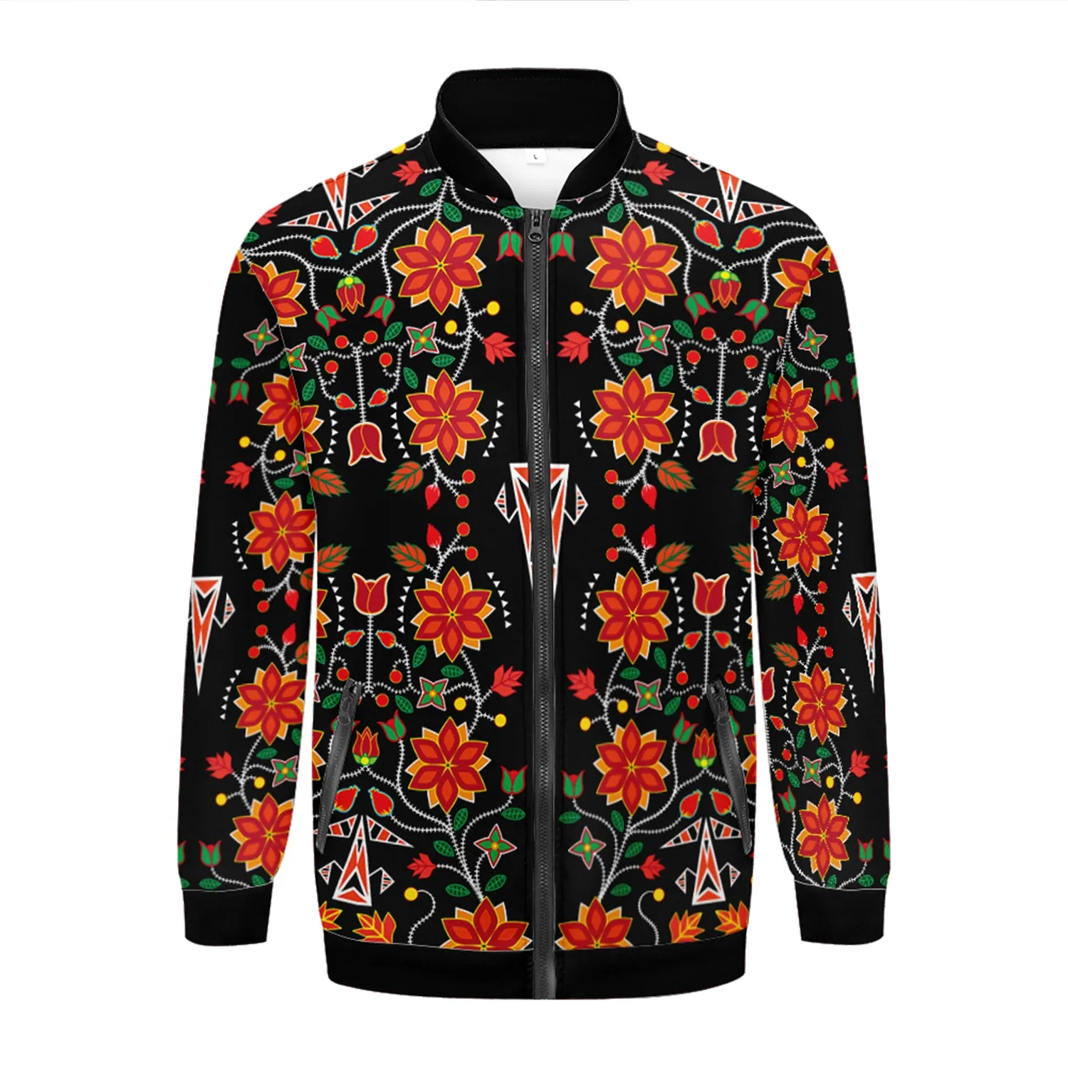 Floral Beadwork Six Bands Zippered Collared Lightweight Jacket