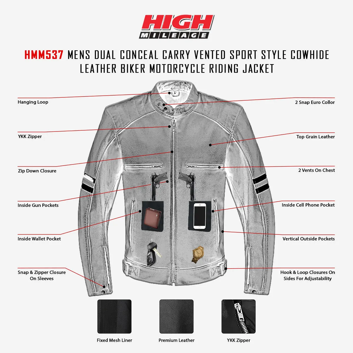 HMM537 Premium Cowhide Leather 'Street' Cruiser Scooter Jacket with Conceal Carry