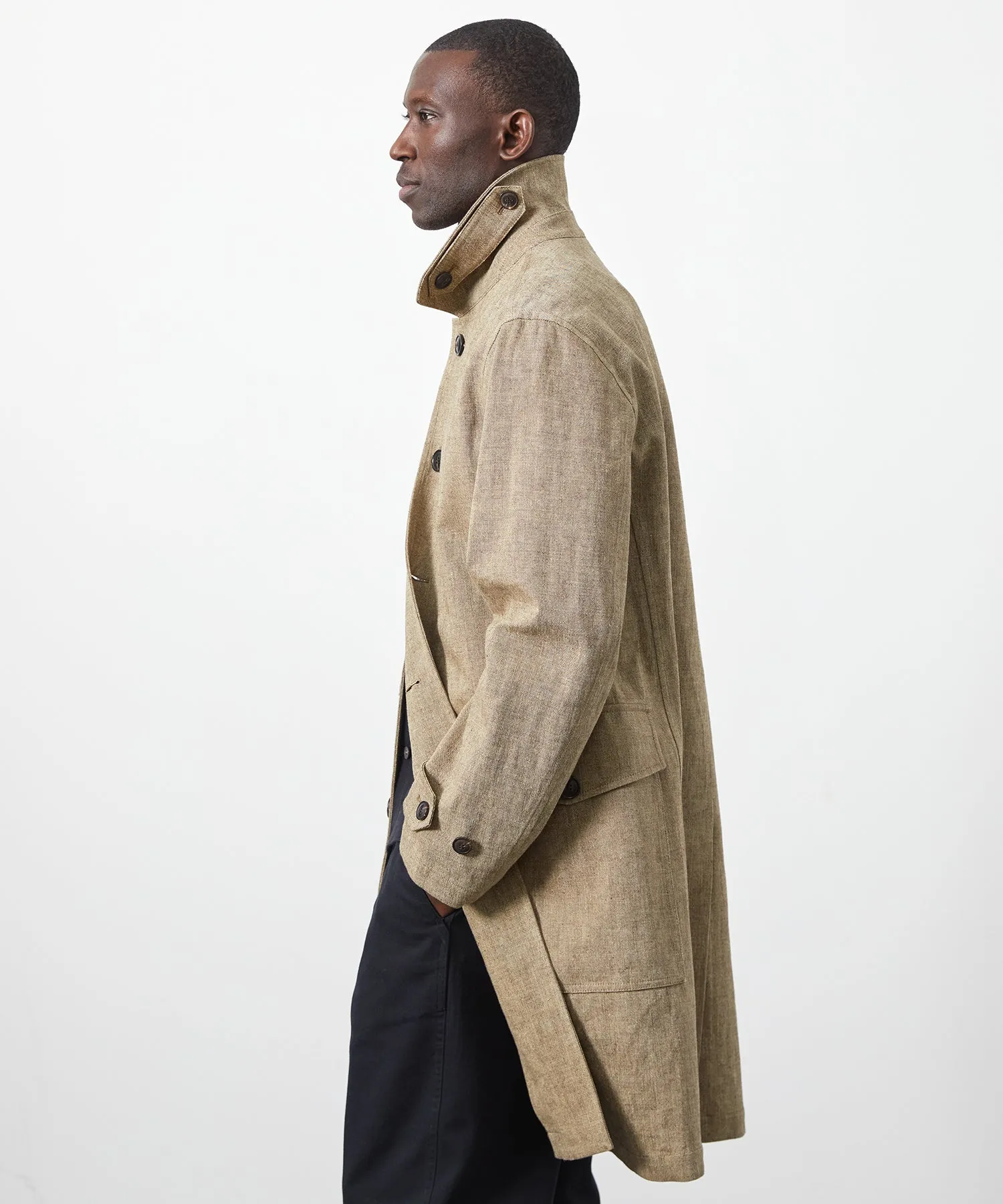 Italian Bonded Linen Military Trench in Brown