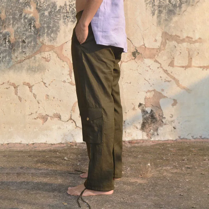 Linen Cargo Pants for Men | Olive | Relax Fit