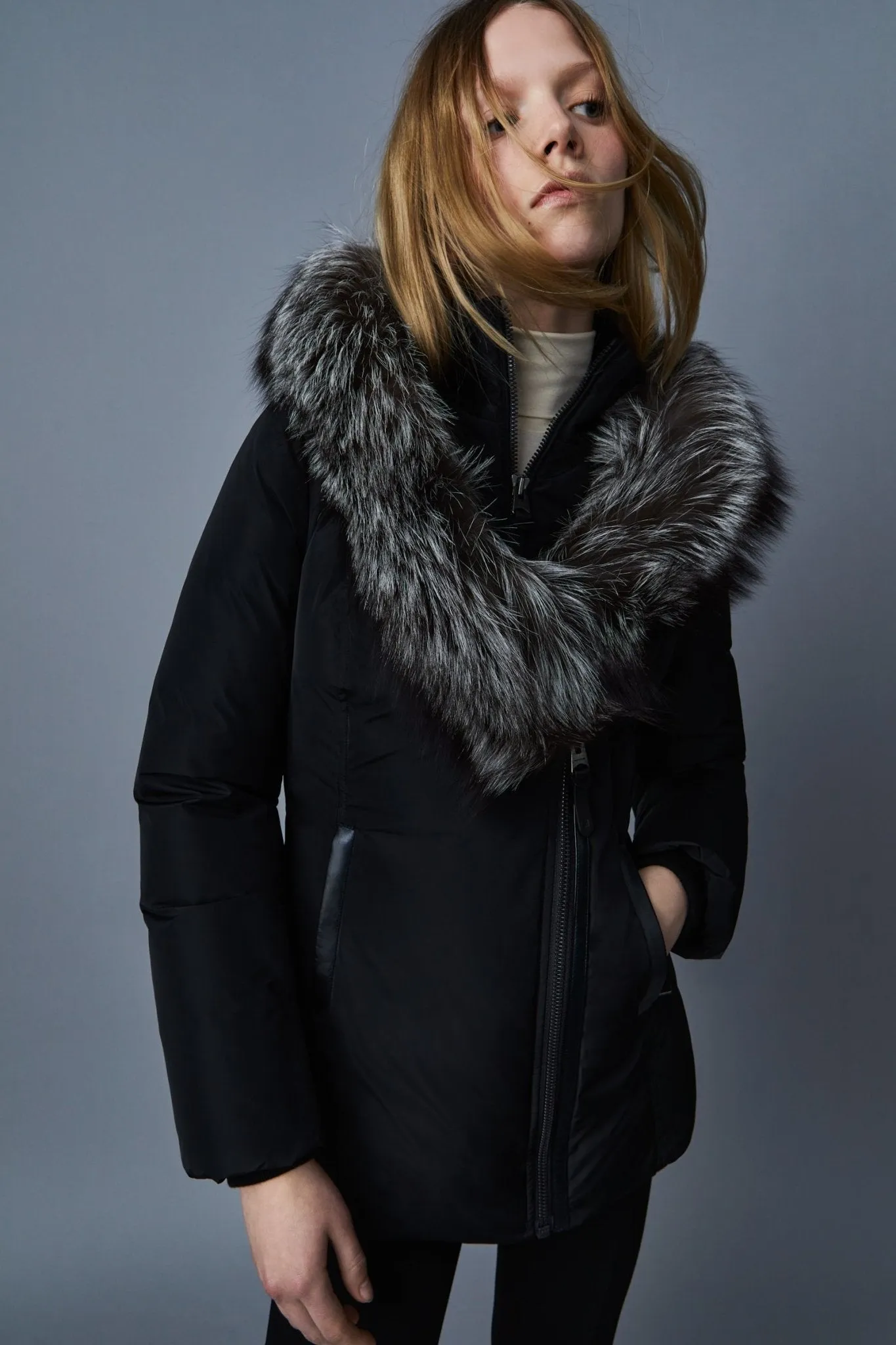 MACKAGE ADALI-X - Down Coat With Silver Fox Fur Signature Mackage Collar