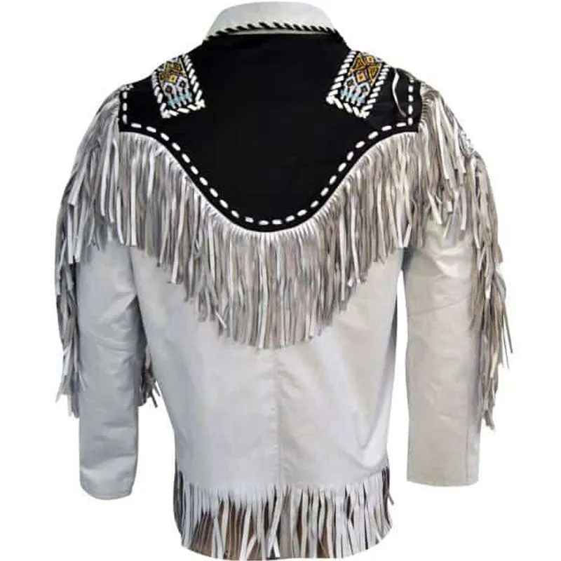 Men Best Genuine White Cow Leather Western Cowboy Jacket With Fringe