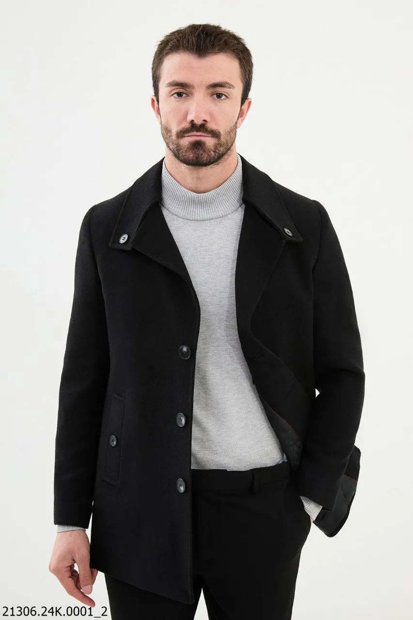 Men's Black Asymmetrical Button Winter Coat