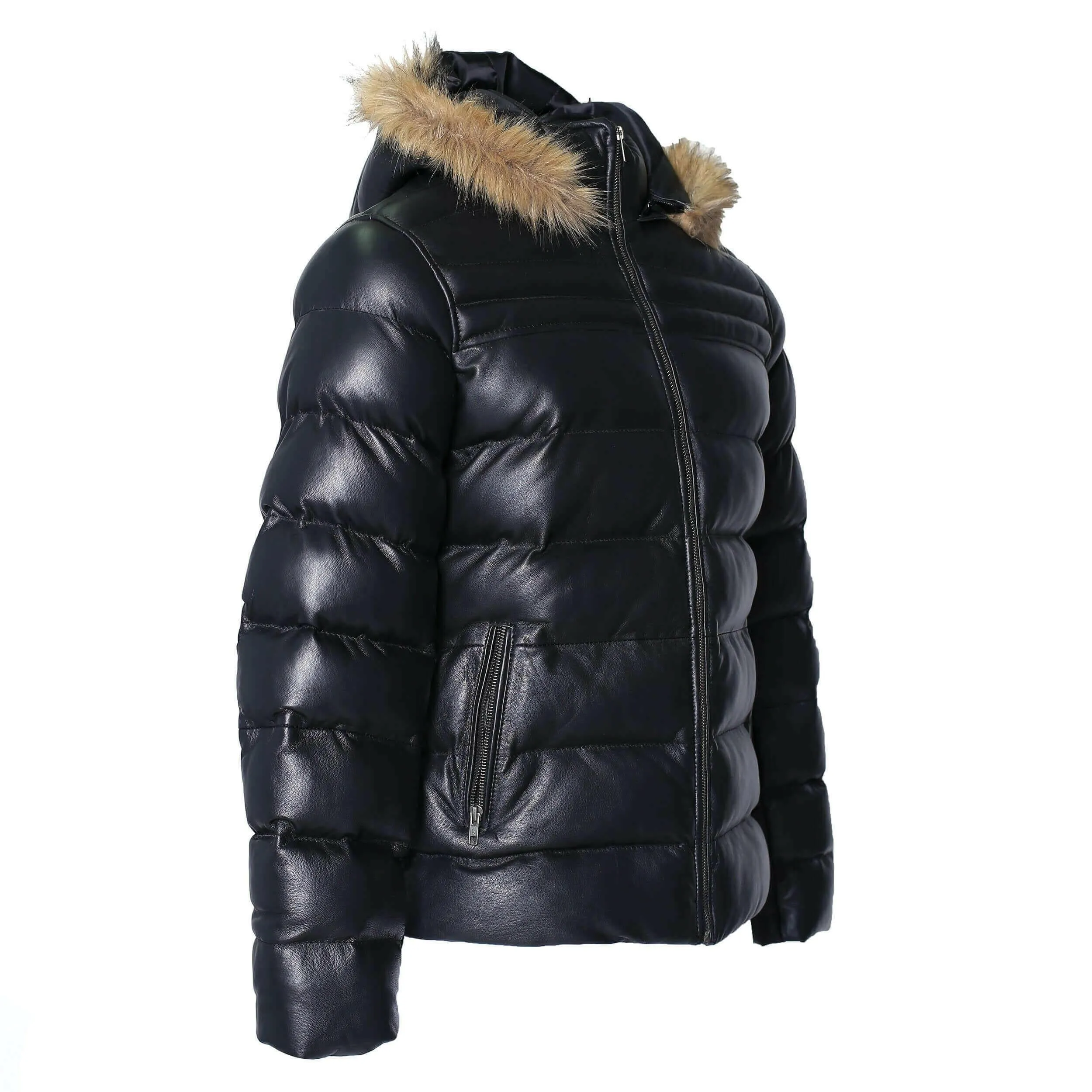 Men's Crimson Black Puffer Winter Down Leather Jacket with Fur