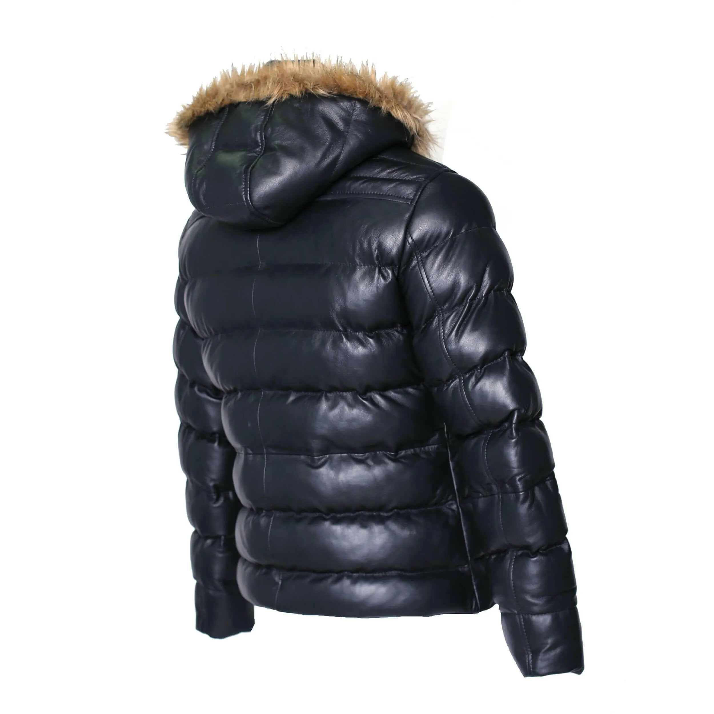 Men's Crimson Black Puffer Winter Down Leather Jacket with Fur