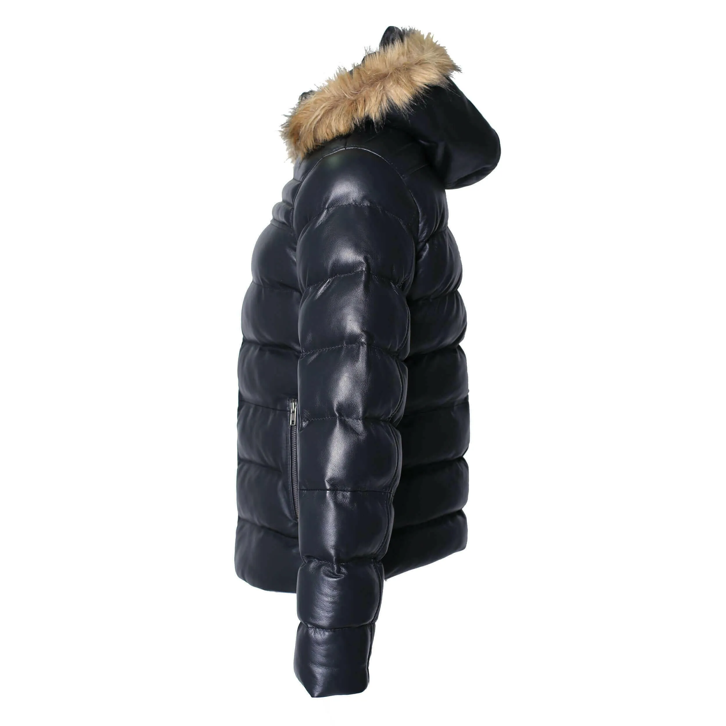 Men's Crimson Black Puffer Winter Down Leather Jacket with Fur