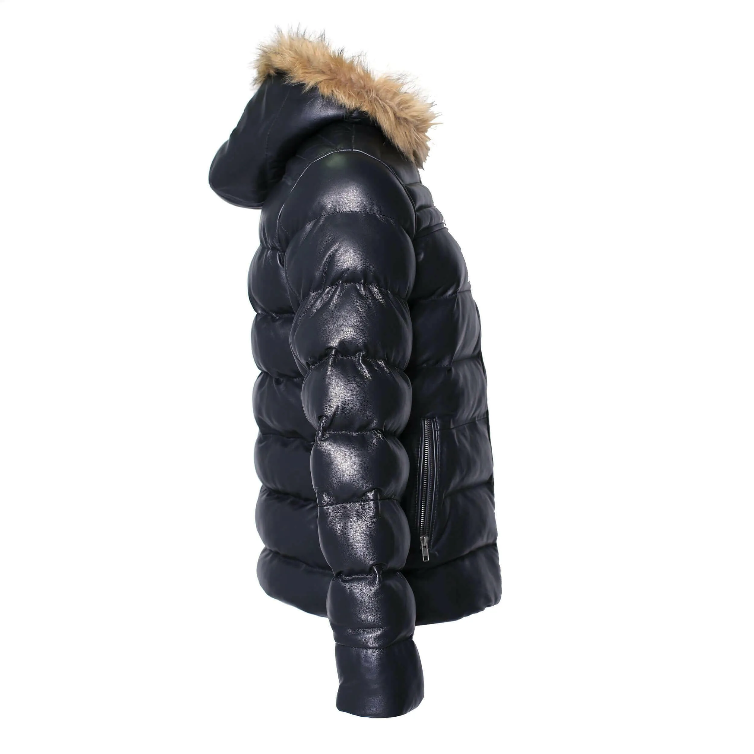 Men's Crimson Black Puffer Winter Down Leather Jacket with Fur