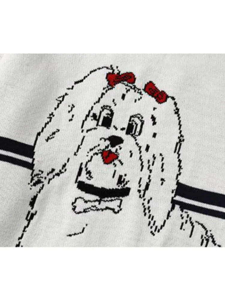 Metaversmall Women Cartoon Dog Embroidery Knitted Sweaters And Pullovers Ruffles Patchwork Girls Knit Jumpe Sweater Jacquard