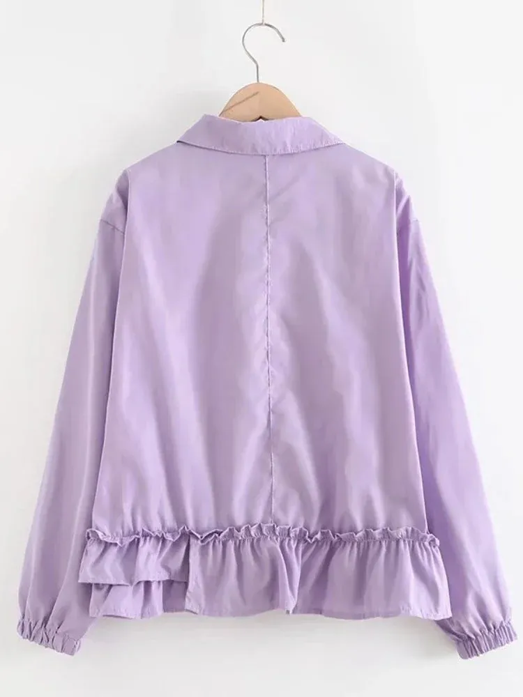 Metaversmall Women Jackets Purple Ruffles Patchwork Harajuku Single-breasted Coats 2024 Spring Full Sleeve Turndown Collar Pocket Outerwear