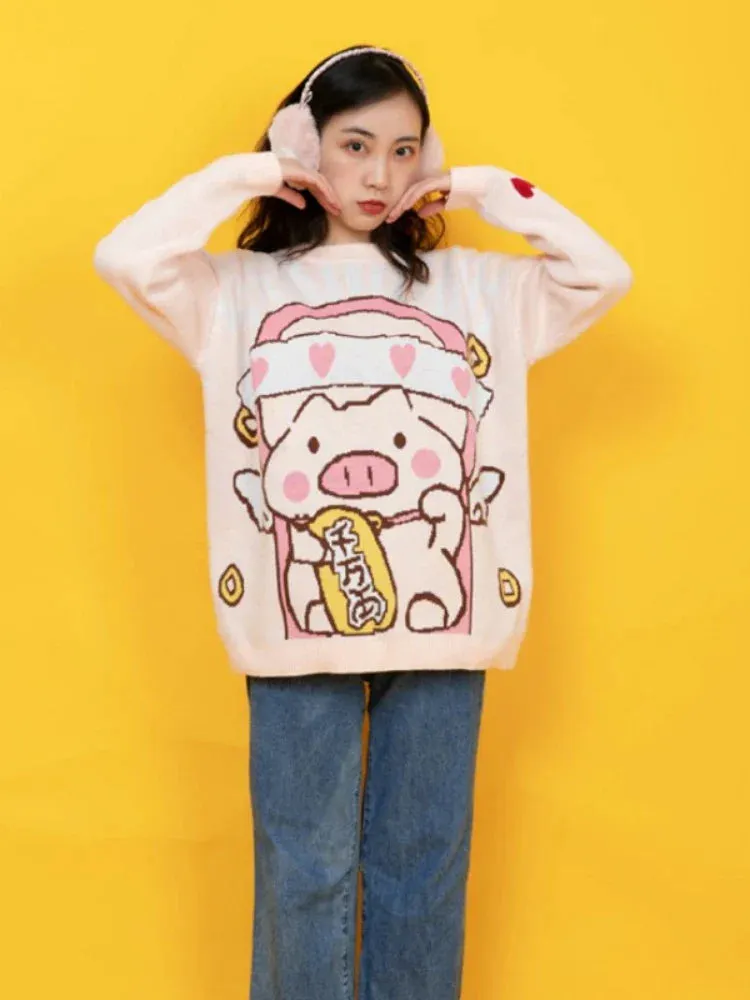 Metaversmall Women's Cartoon Pig Embroidery Knitted Sweaters And Pullovers Winter Thick Warm Girls Knit Jumpe Sweater Jacquard