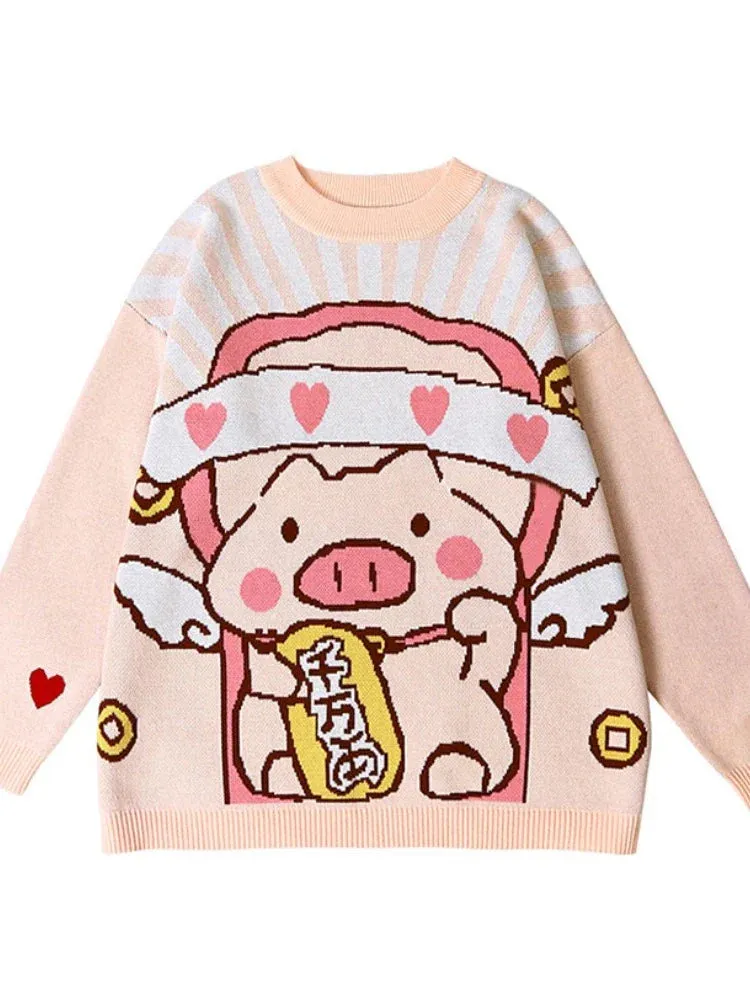 Metaversmall Women's Cartoon Pig Embroidery Knitted Sweaters And Pullovers Winter Thick Warm Girls Knit Jumpe Sweater Jacquard