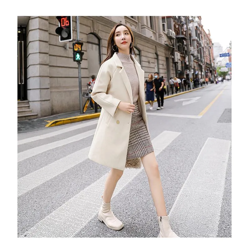 Mid-Length Loose Fit Versatile Wool Blend Coat