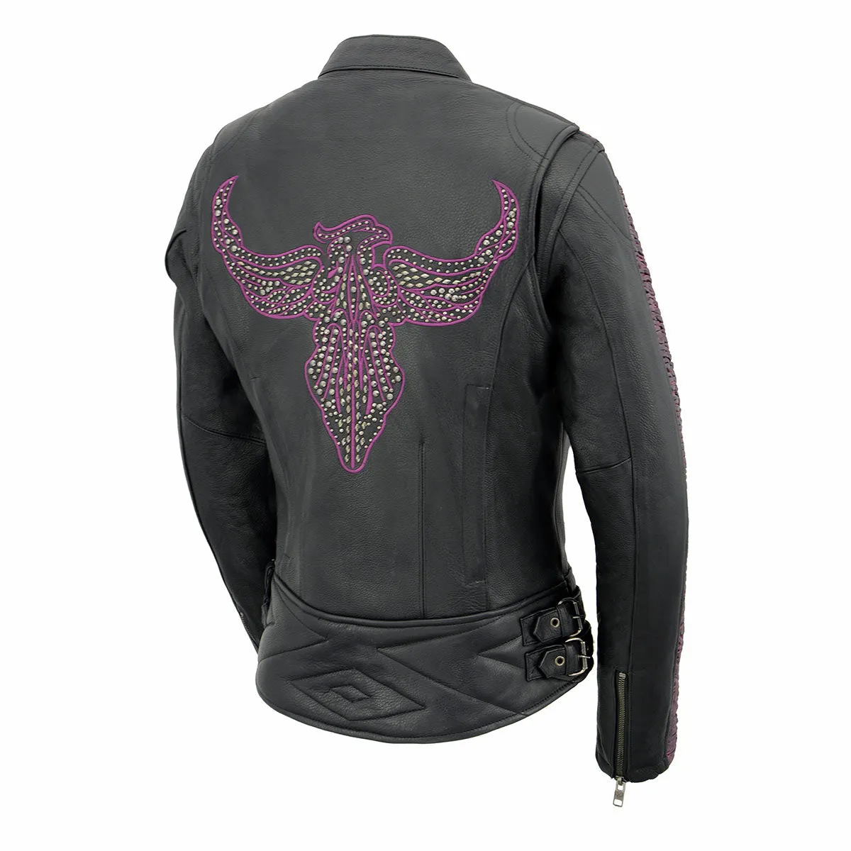 Milwaukee Leather MLL2570 Women's 'Phoenix Embroidered' Black and Fuchsia Pink Leather Motorcycle Jacket