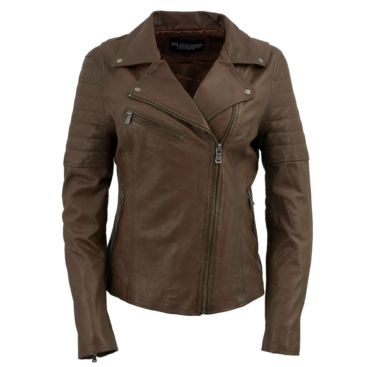 Milwaukee Leather SFL2812 Brown Vintage Motorcycle Inspired Leather Jacket for Women - Veg-Tan Fashion Jacket