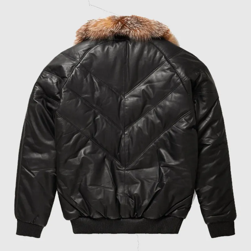 Shop Genuine V-Bomber Jacket Black Leather w/ Crystal Fox Fur