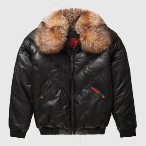 Shop Genuine V-Bomber Jacket Black Leather w/ Crystal Fox Fur