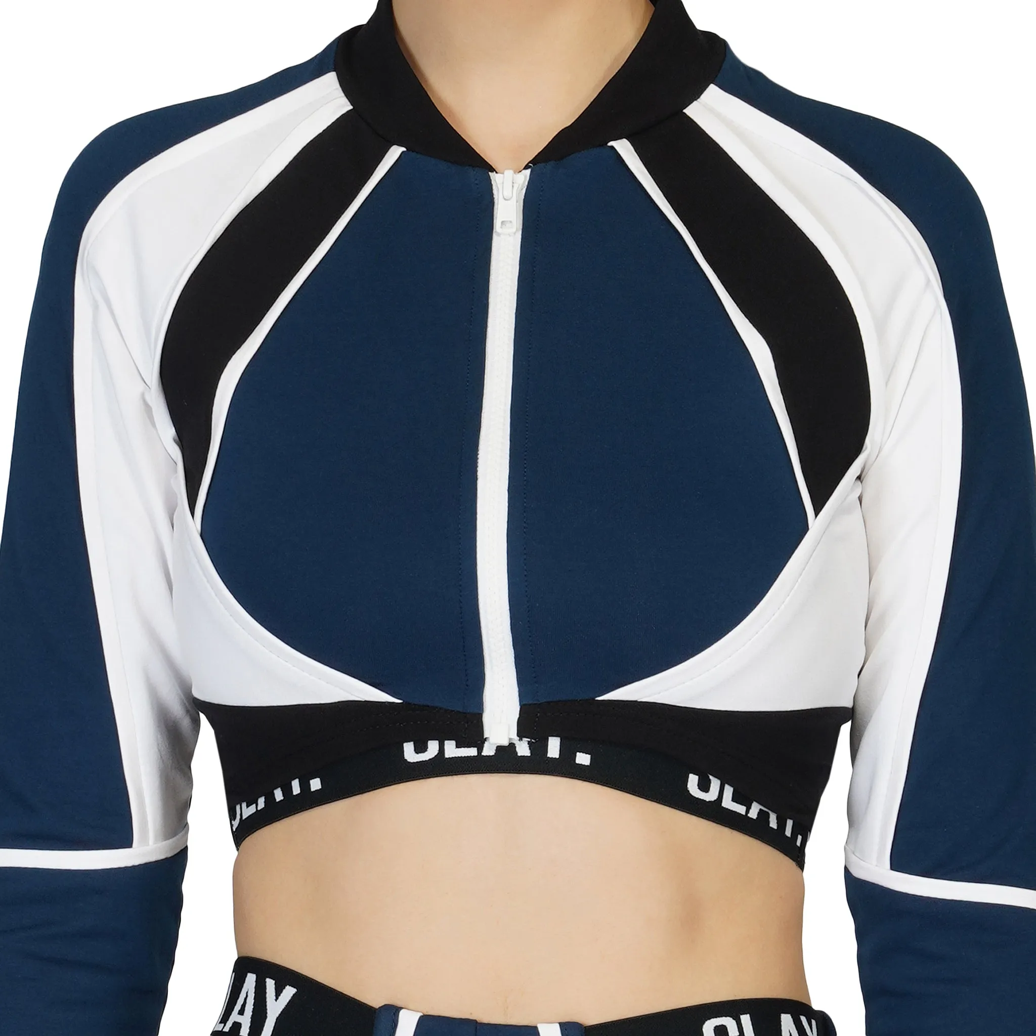 SLAY. Women's Activewear Navy Blue Black White Colorblock Crop Jacket