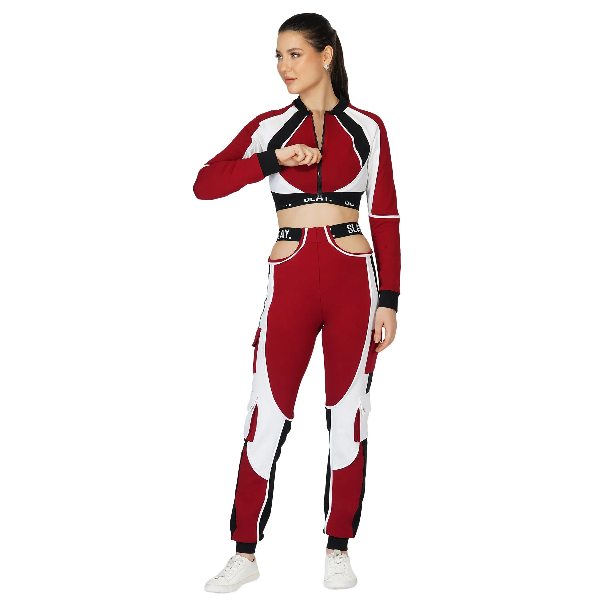 SLAY. Women's Activewear Tracksuit Red Colorblock Crop Jacket & High waist Cargo Pants Co-ord set