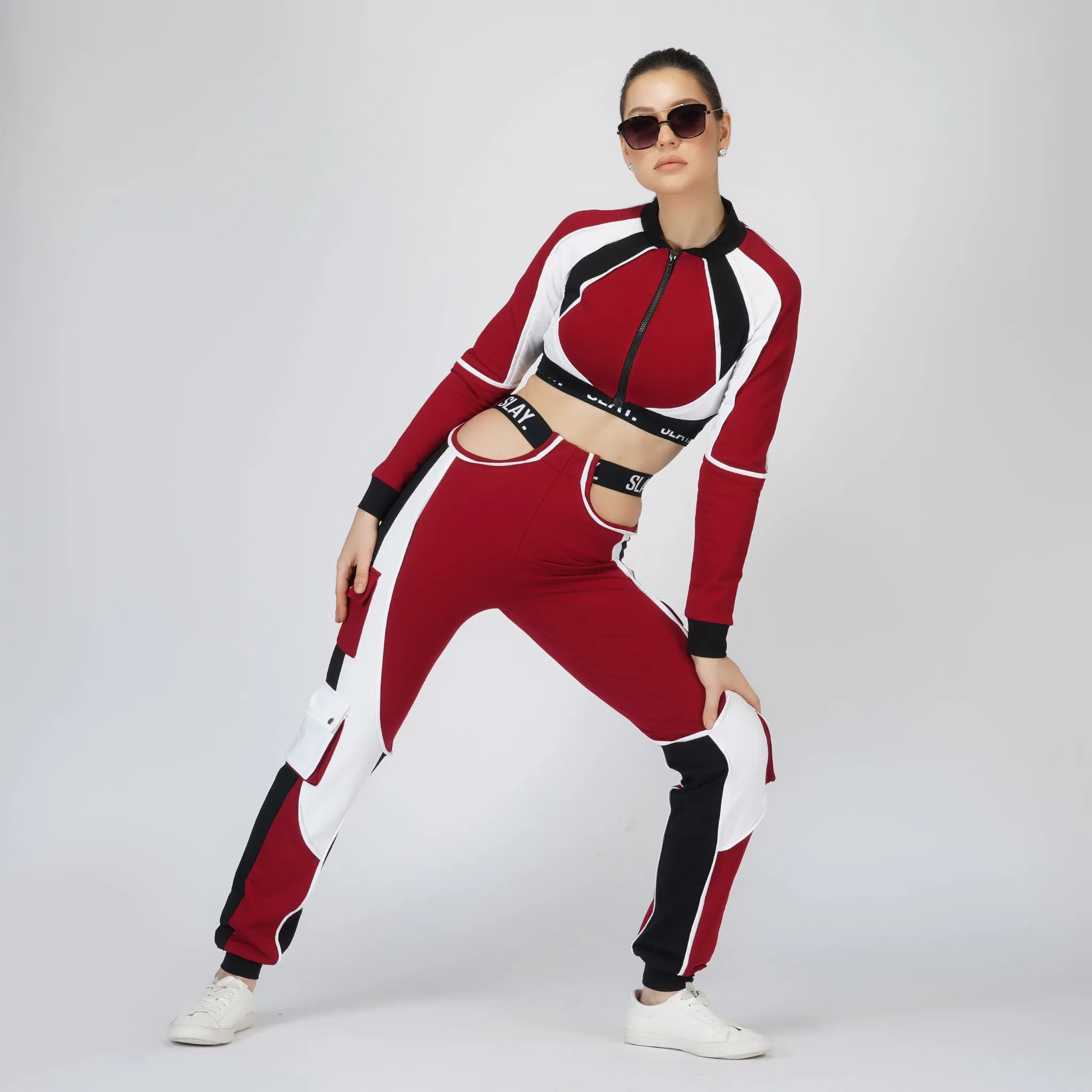 SLAY. Women's Activewear Tracksuit Red Colorblock Crop Jacket & High waist Cargo Pants Co-ord set