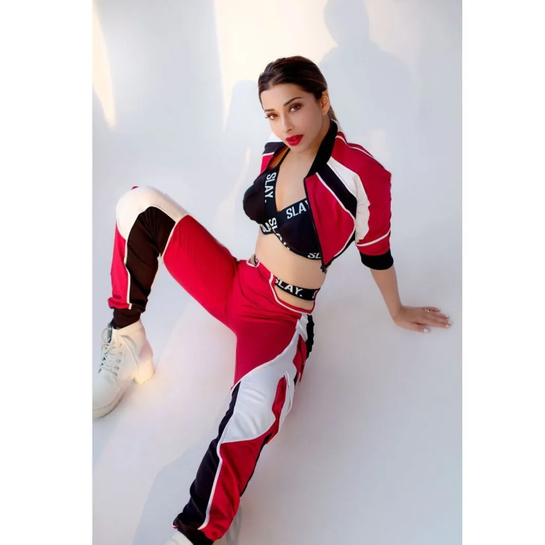 SLAY. Women's Activewear Tracksuit Red Colorblock Crop Jacket & High waist Cargo Pants Co-ord set