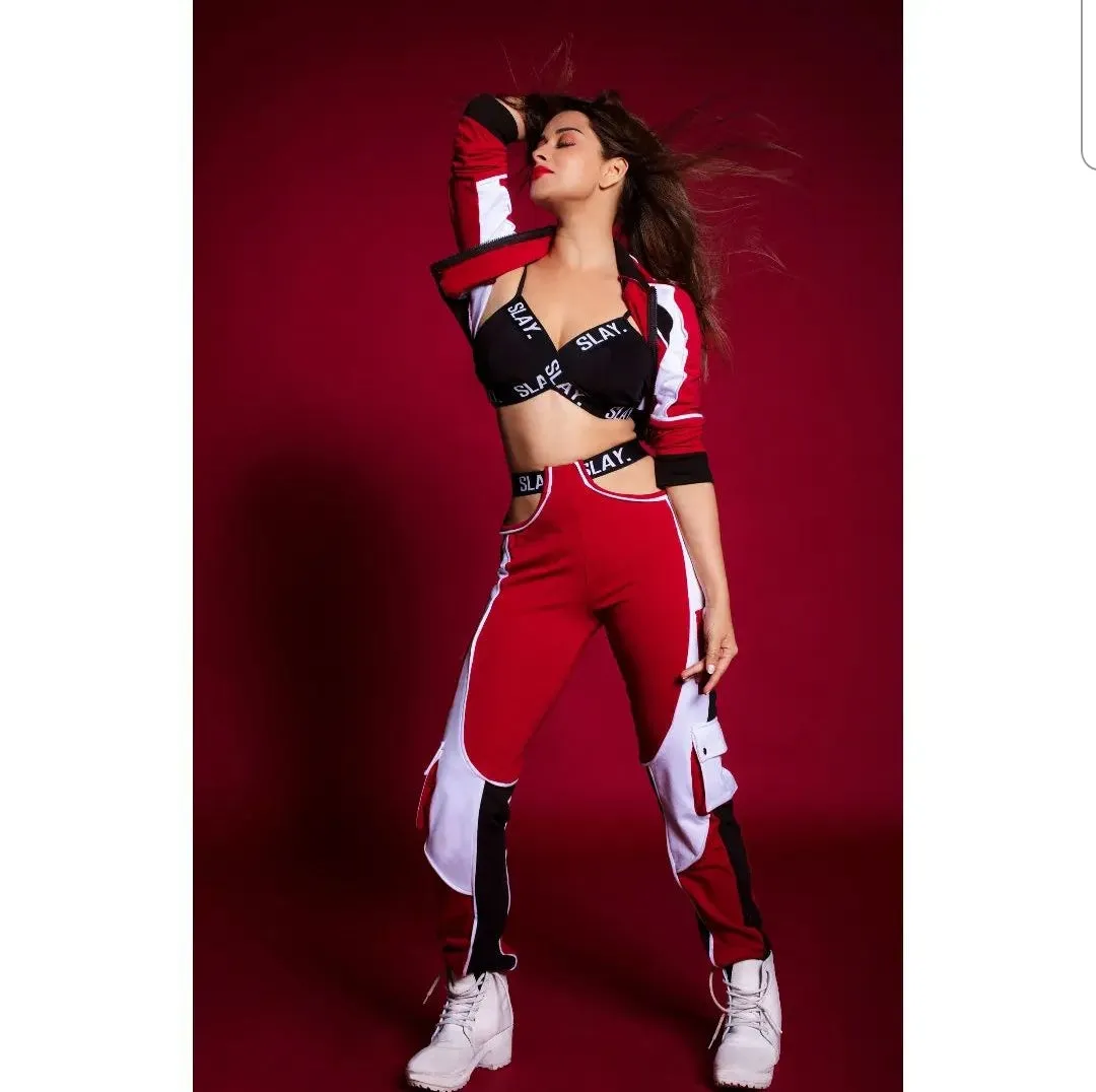 SLAY. Women's Activewear Tracksuit Red Colorblock Crop Jacket & High waist Cargo Pants Co-ord set