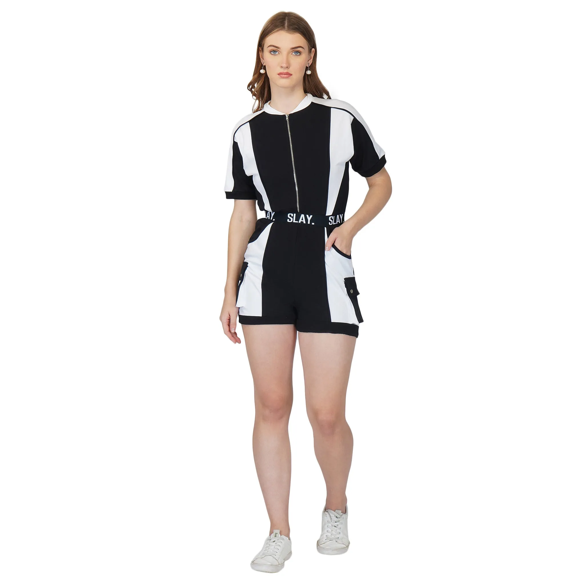 SLAY. Women's Colorblock Romper Black & White