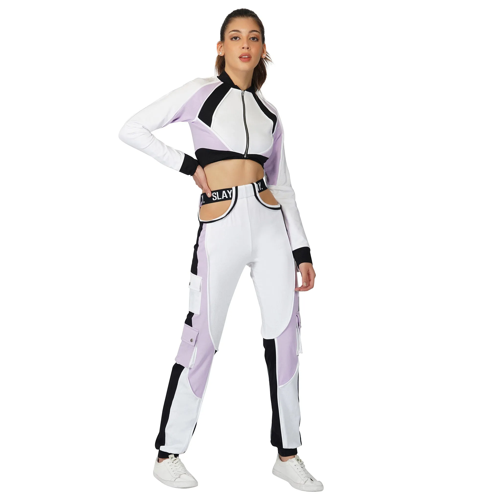 SLAY. Women's Lavender  Lilac White Black Co ord Set - Colorblock Crop Jacket & Cargo Pants