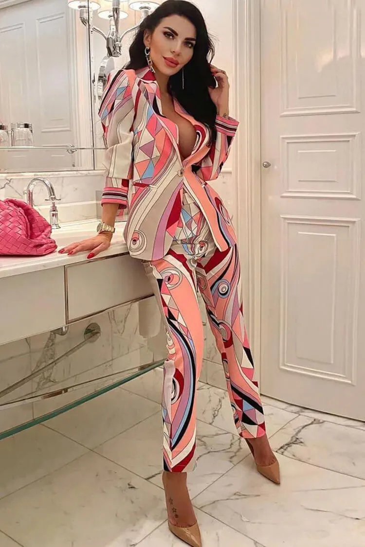 Smart Casual Abstract Print Lapel Cinch Waist Skinny Print Two Piece Blazer Set