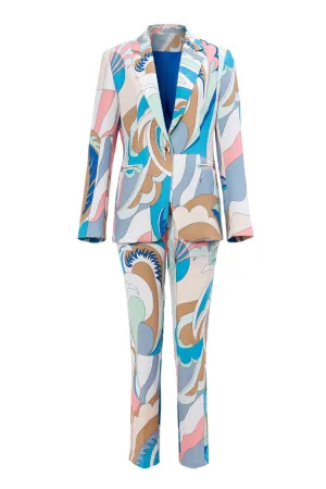 Smart Casual Abstract Print Lapel Cinch Waist Skinny Print Two Piece Blazer Set