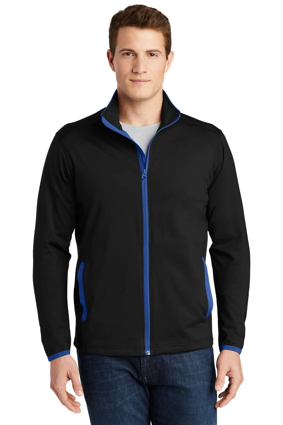 Sport-Tek Sport-Wick Stretch Contrast Branded Full-Zip Jackets, Black/ True Royal