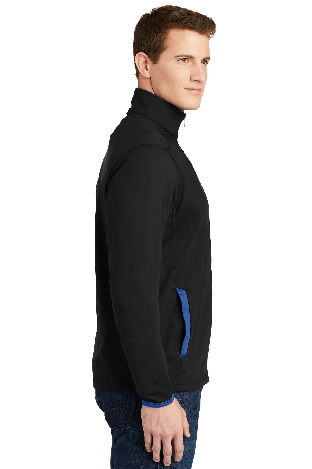 Sport-Tek Sport-Wick Stretch Contrast Branded Full-Zip Jackets, Black/ True Royal