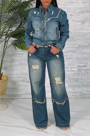 Stylish Frayed Zipper Through Denim Jacket